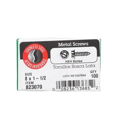 Hillman Sheet Metal Screw, #8 x 1-1/2 in, Stainless Steel Flange Hex Head Hex Drive, 100 PK 76517